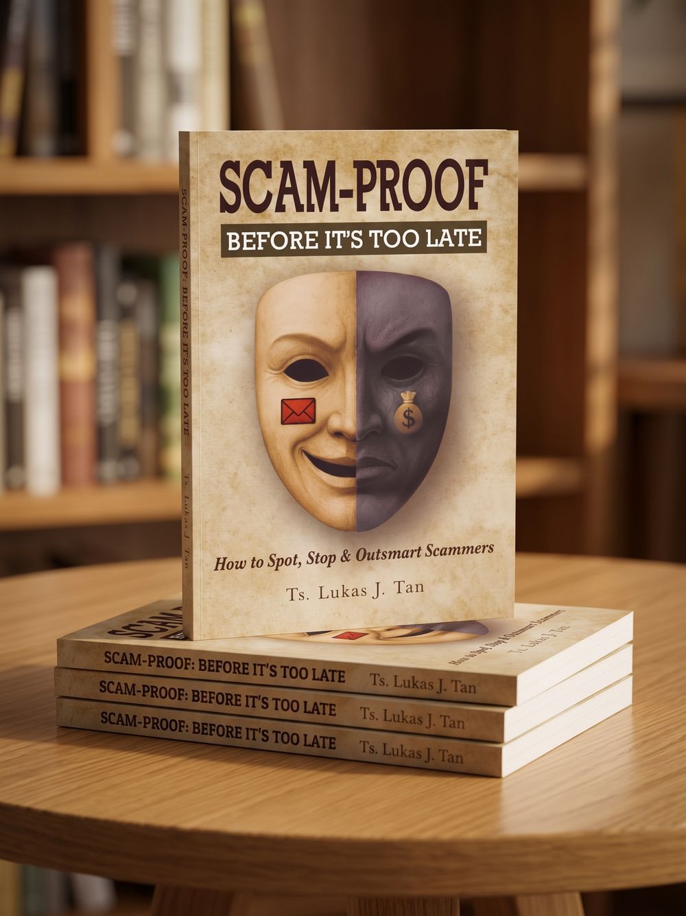 Scam-Proof: Before It's Too Late by Ts. Lukas J. Tan, stack of paperback copies